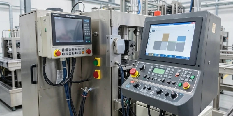 Schematische Darstellung eines batterielosen Funkschalters mit Energieerzeugungsmodul (Piezo oder elektromagnetisch) und Funkübertragungseinheit in einem Industrieumfeld