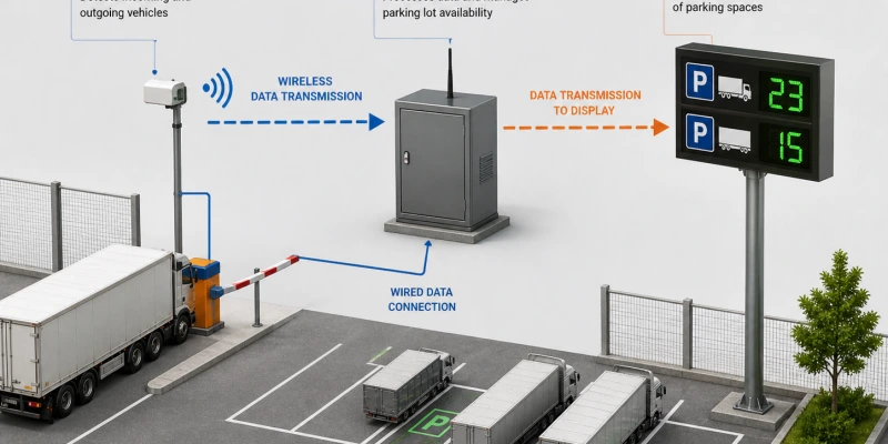 Schema einer LKW-Parkplatzbelegungsanzeige mit Sensor an der Einfahrt, Steuereinheit und LED-Anzeige am Mast – Ablauf der Datenübertragung