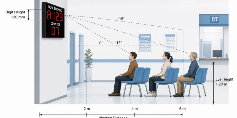 Schematische Darstellung eines Wartebereichs mit LED-Wartemarkendisplay, eingezeichnetem Betrachtungsabstand und Zeichenhöhe sowie verschiedenen Betrachtungswinkeln